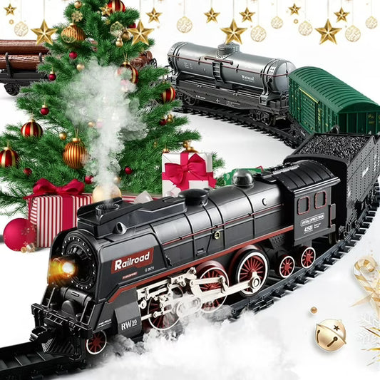 FENMING Battery Operated Steam Train Set with Smoke, Lights & 72-Inch Track Layout | Classic Railway Toy Train