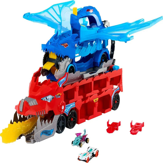 Hot Wheels City Toy Car Track Set – Ultimate Dual Dragon Transporter & 2 Die-Cast Cars