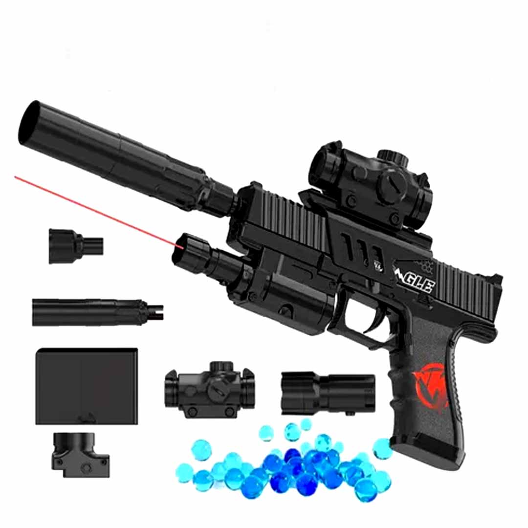 Gel Blaster Electric Toy Pistol with Laser Sight, Scope & Silencer Accessories | Water Gel Bead Shooting Toy | Black