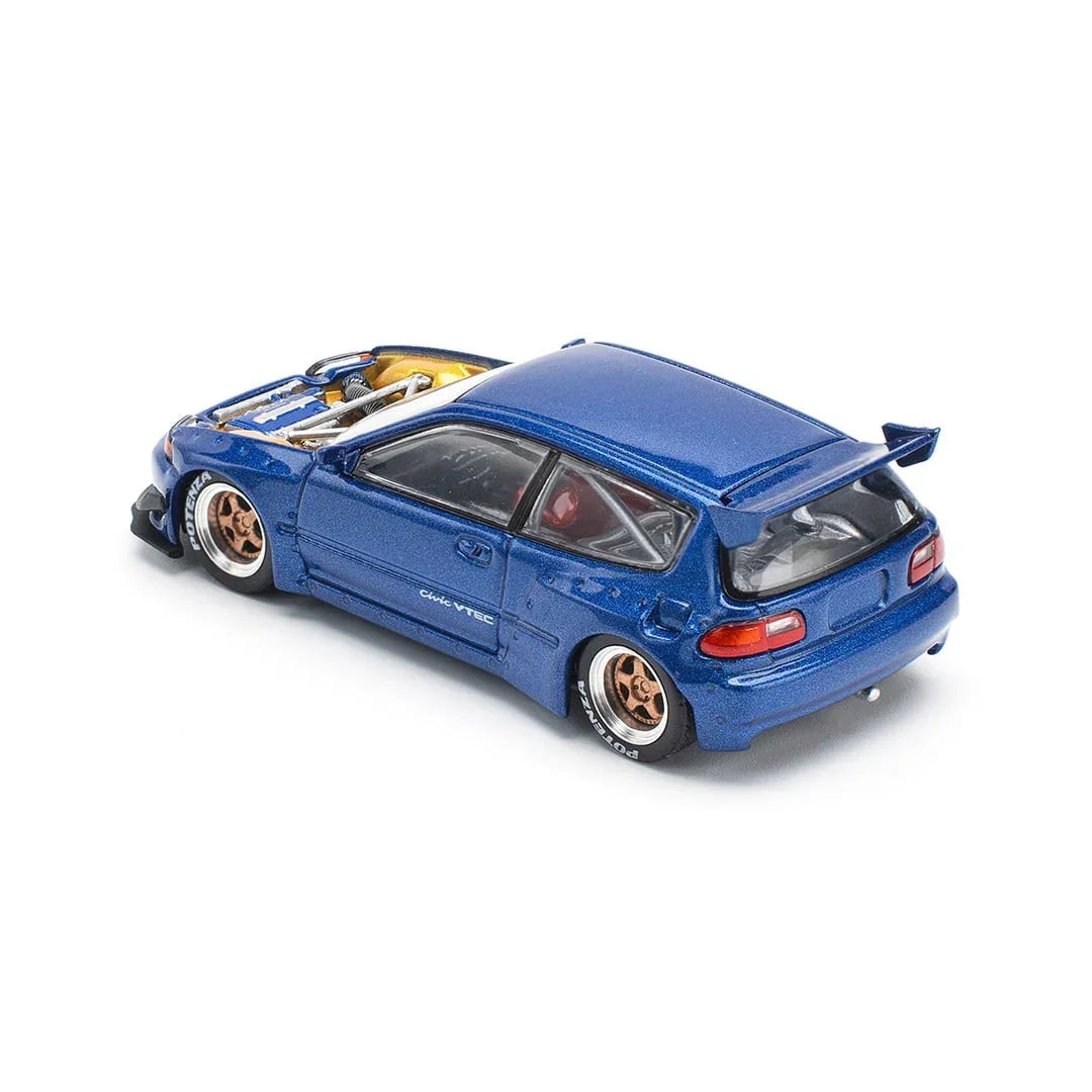POP Race 1:64 Pandem EG6 Metallic Blue – Diecast Model Car with Open Hood