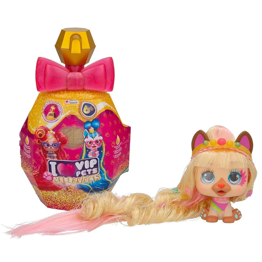 VIP PETS Celebripets - Mini Surprise Dog Doll Inspired by Real Stars with Extra Long Hair for Styling and others 10 Accessories - Kids above 3 years - Jaiman Toys
