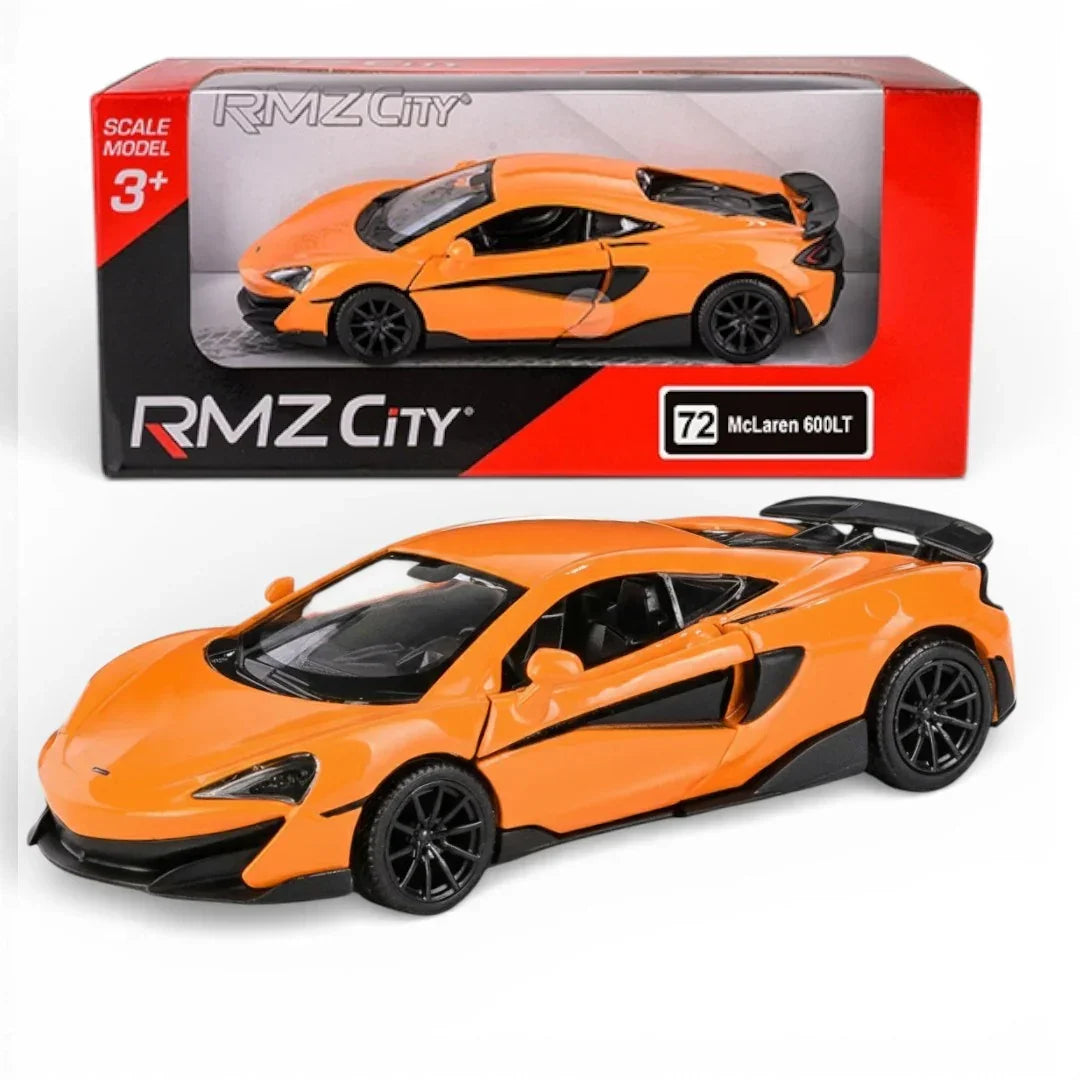 RMZ City 1:36 McLaren 600LT Diecast Car Model – Opening Doors, Pull Back Metal Body Supercar (Blue & Orange Variants)