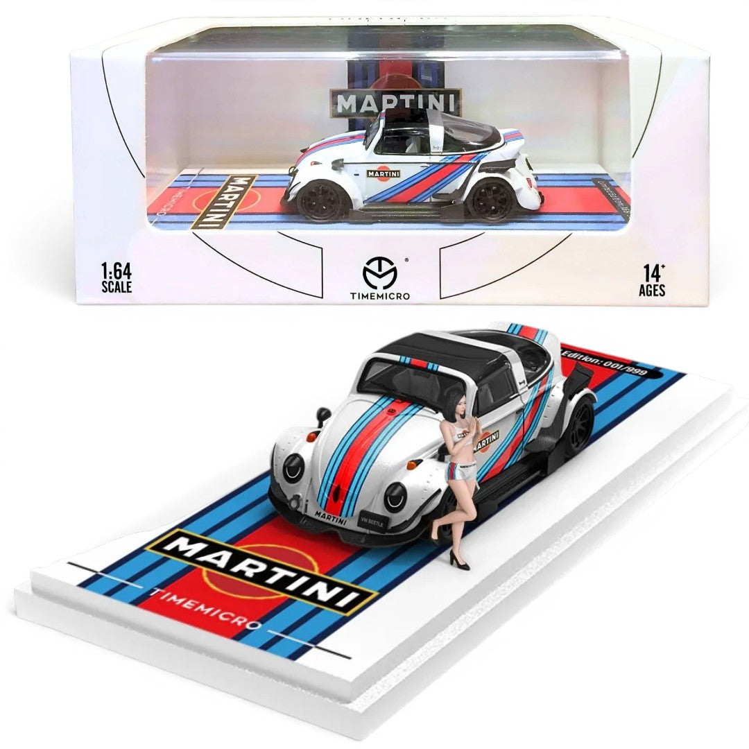 Time Micro Volkswagen Beetle Martini Figure Edition 1:64 Scale Diecast Model Car | Limited Edition | Display Base, Acrylic Case & Figure Included | 14+