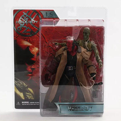 Hellboy action figure collectible in packaging with trench coat and zombie accessory.