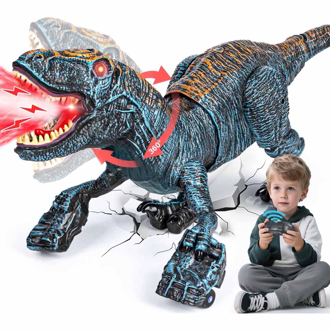 Remote Control 2.4G Walking Dinosaur Toy with Mist Spray, LED Lights & Roaring Sound – RC Robot Dino with 360° Neck Movement for Kids 3+ Years