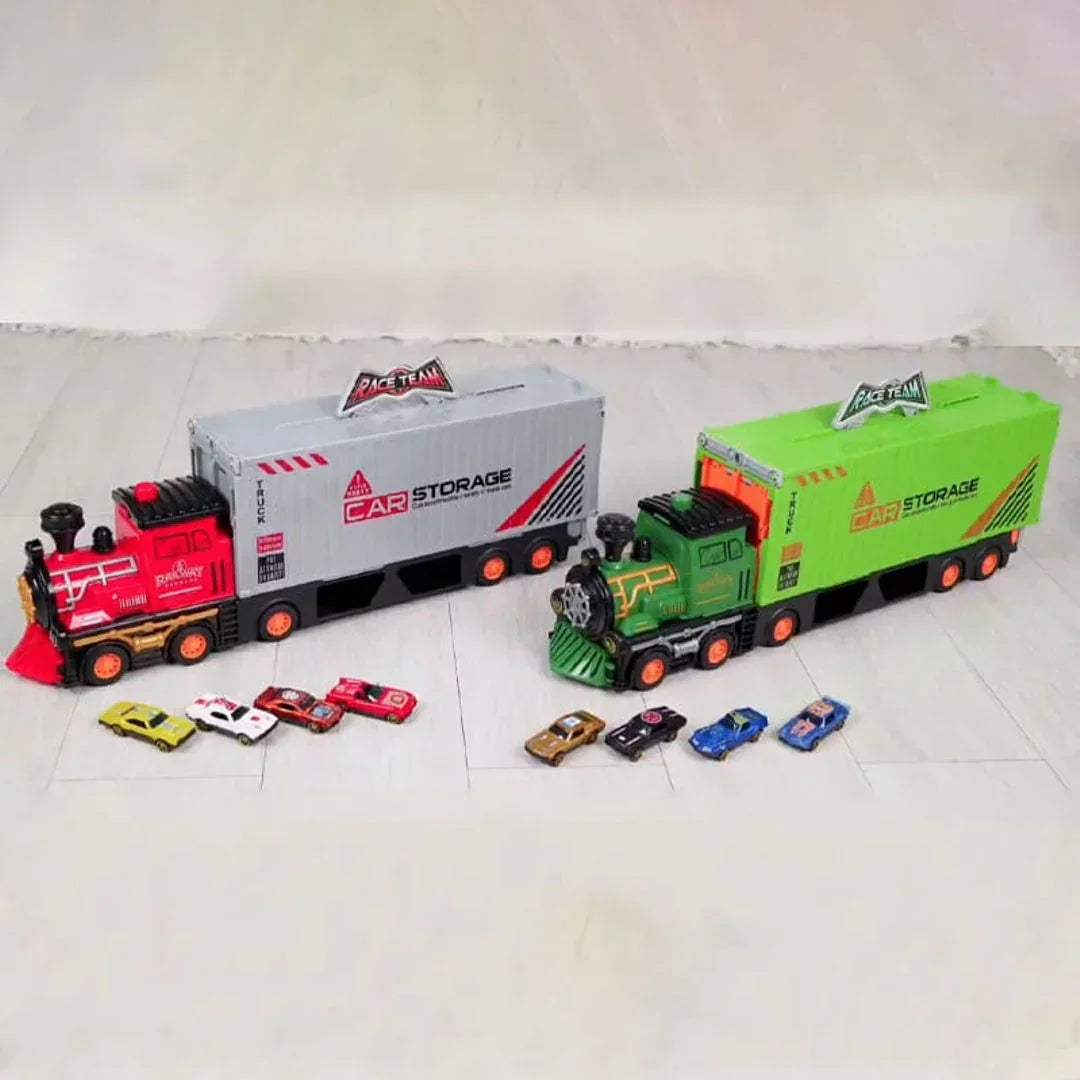 HUAN LE DI Super Large Foldable Train Car Storage Track Set with 8 Mini Diecast Cars – 2.48M Racing Playset for Kids TWO VARIANTS