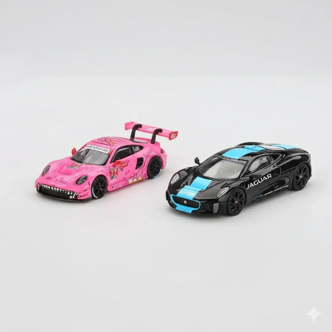 Mini GT 1:64 Roxy Porsche 911 GT3 R #77 AO Racing IMSA +Jaguar C-X75 Black LHD Diecast Scale Model Car