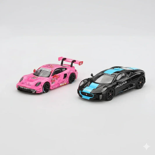 Mini GT 1:64 Roxy Porsche 911 GT3 R #77 AO Racing IMSA +Jaguar C-X75 Black LHD Diecast Scale Model Car