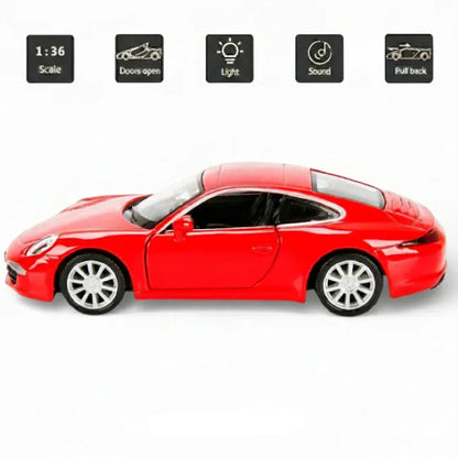 RMZ City 1:36 Porsche 911 Carrera S Diecast Car Model – Opening Doors, Pull Back Action (Red & Grey Variants)