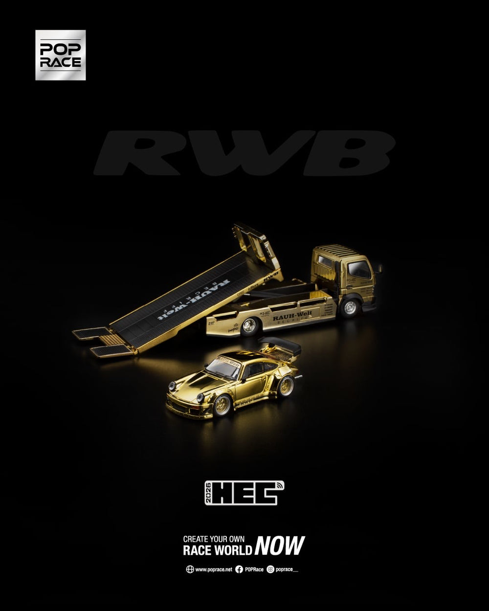 POP RACE 1:64 HEC 2026 RWB 930 & Pandem Fuso-300 Transporter Diecast Model Car Truck – Available in 2 Variants