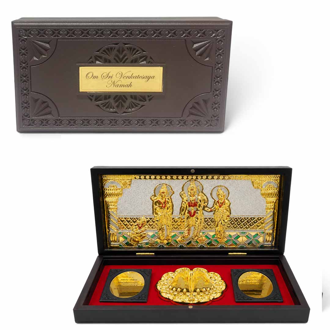 Jai Shree Ram Wooden Shagun Gift Box with Gold-Plated Ram Darbar & Charan Paduka | Premium Spiritual Return Gift Box for Wedding, Housewarming & Festivals