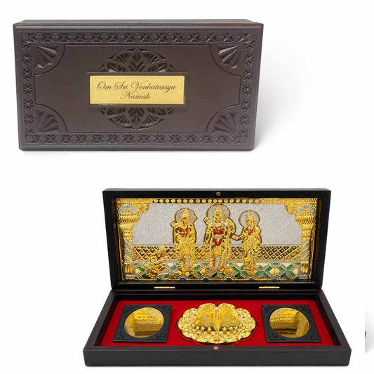 Jai Shree Ram Wooden Shagun Gift Box with Gold-Plated Ram Darbar & Charan Paduka | Premium Spiritual Return Gift Box for Wedding, Housewarming & Festivals