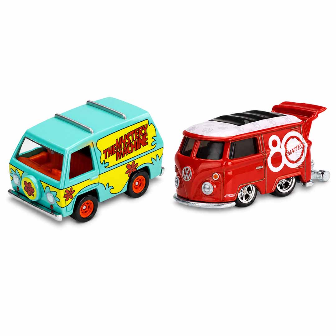 Hot Wheels Premium Pop Culture Combo Pack – Scooby-Doo The Mystery Machine + Mattel 80th Anniversary Kool Kombi Die-Cast Vehicles with Real Riders