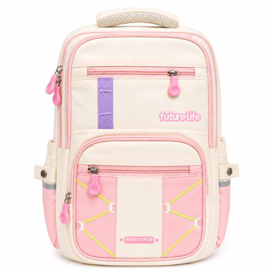 Futurelife Adventurer School Backpack for Kids 40cm | Lightweight Ergonomic School Bag with Multiple Compartments, Chest Strap & Water Bottle Pockets – Pink & Cream