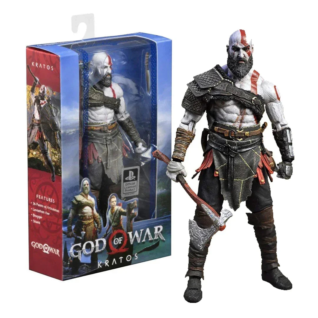 Kratos God of War action figure with axe, displayed next to branded box packaging.