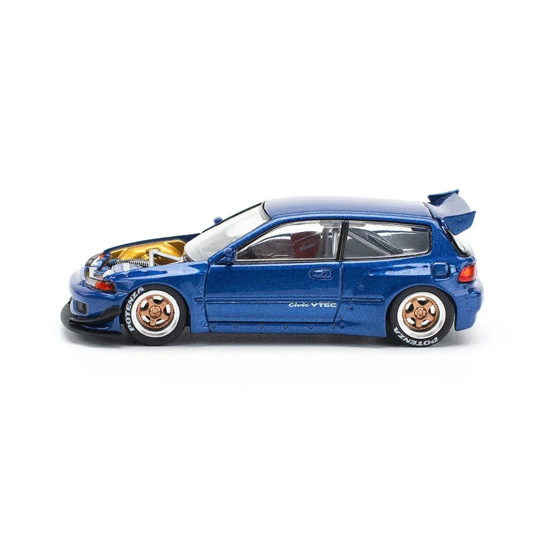 POP Race 1:64 Pandem EG6 Metallic Blue – Diecast Model Car with Open Hood