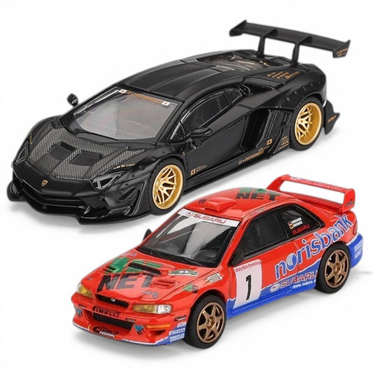 Mini GT 1:64 LB★WORKS Lamborghini Aventador Matte Black + Subaru Impreza WRC97 #1 Norisbank Livery Diecast Car (Blister Pack) – Limited Edition Collectible Models