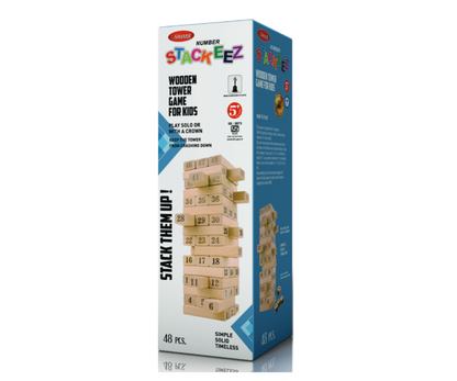 Simarr Number Stackeez Wooden Tower Game – 48 PCS Numbered Balance Blocks with Dice | Educational Stacking Game for Kids