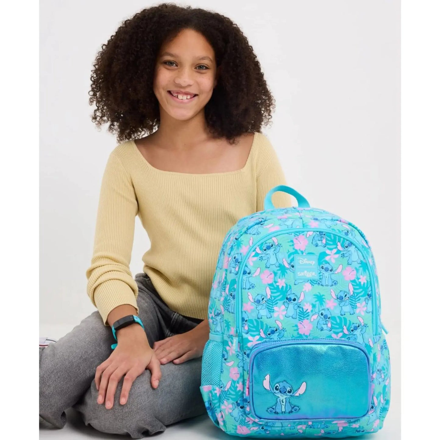 Smiggle Disney Stitch Backpack for Kids (42 CM) – School Bag with Front Pocket & Side Mesh (Blue)