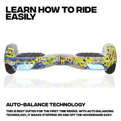 TYGATEC T2 Bluetooth Hoverboard with LED Lights – 6.5 Inch Self Balancing Scooter with App Control, Multicolor Graffiti Design
