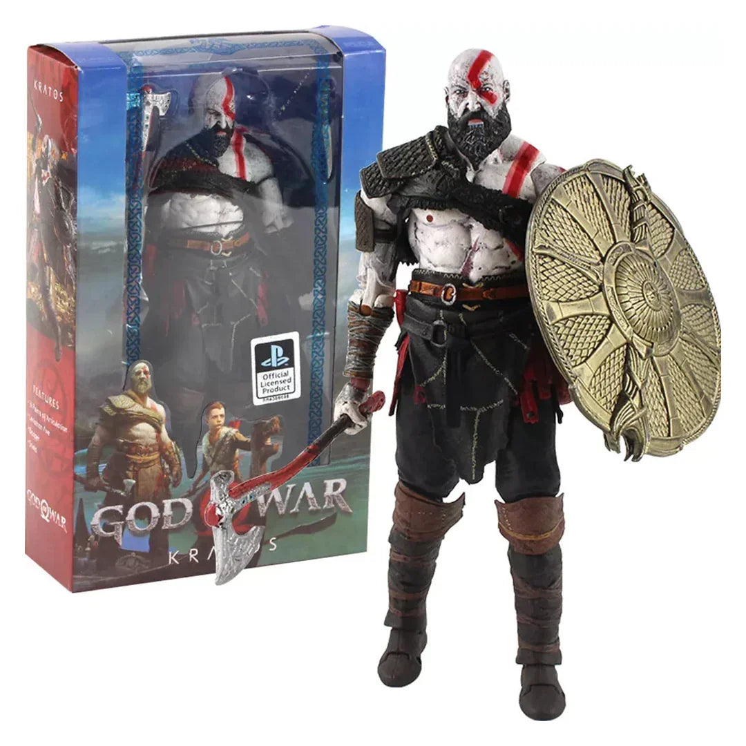 Kratos God of War action figure with axe and shield, collectible toy in front of display box