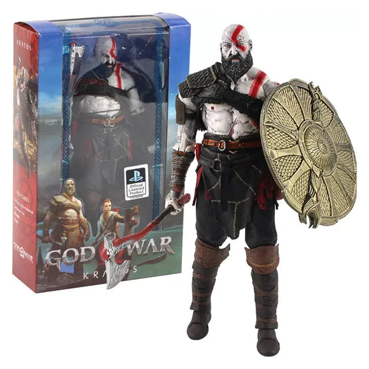 Kratos God of War action figure with axe and shield, collectible toy in front of display box
