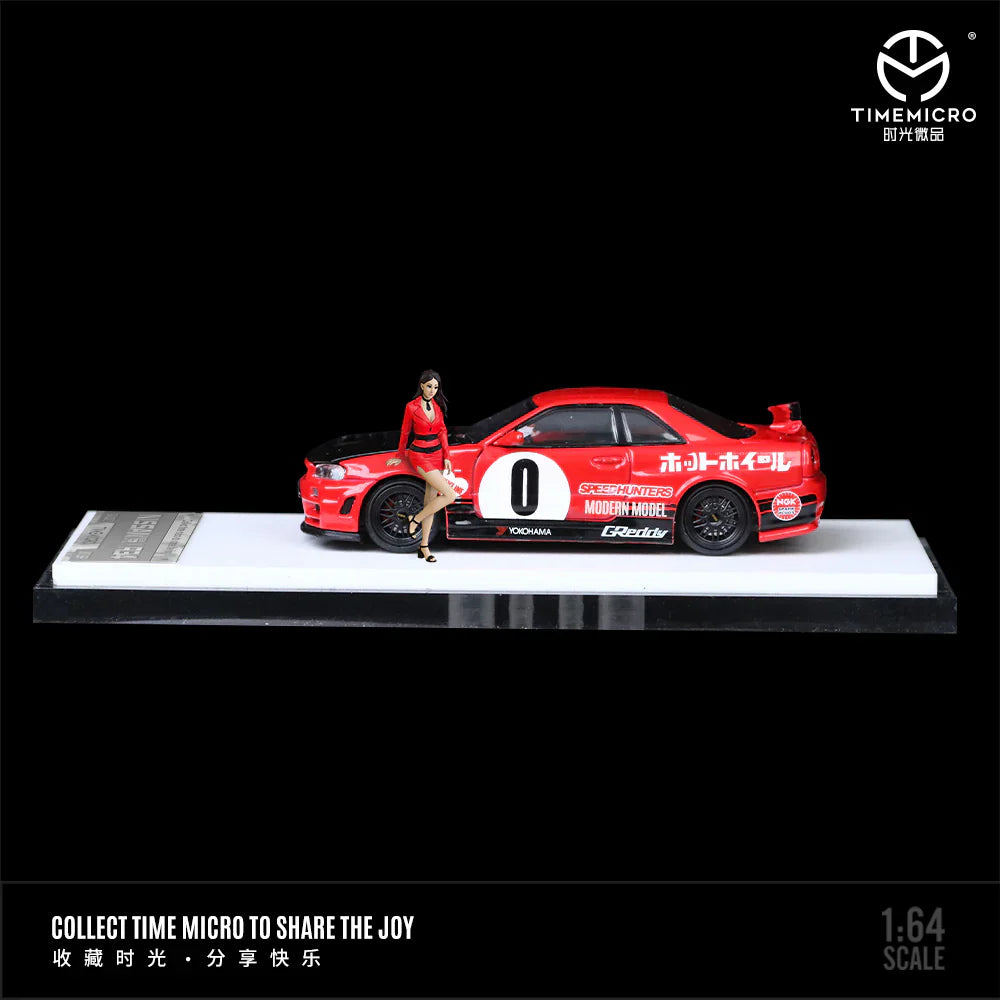 Time Micro Nissan Skyline GT-R R34 Red Livery Figure Edition 1:64 Scale Diecast Model Car | Opening Hood | Collector Display Base | Premium JDM Collectible | 14+