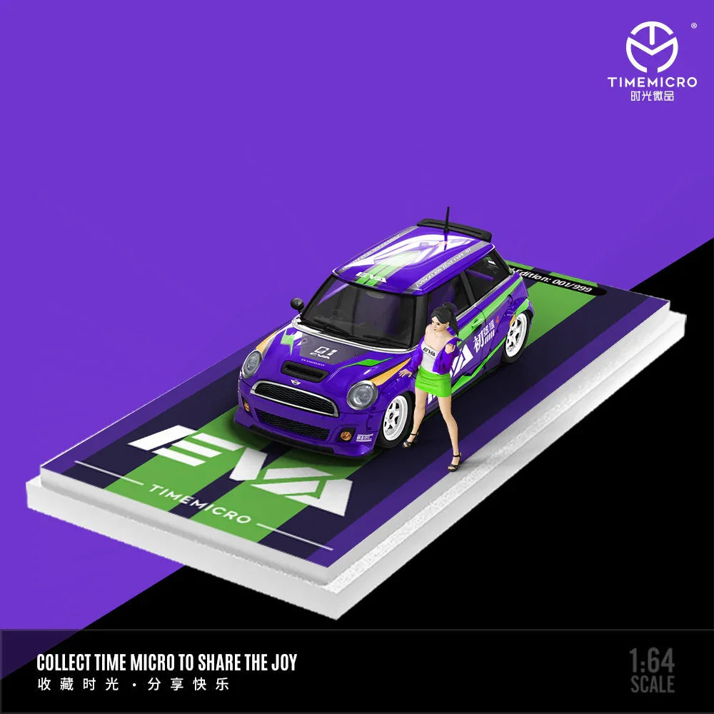 Time Micro Mini Cooper Purple EVA First Machine Figure Edition 1:64 Scale Diecast Model Car | Premium Metal Collector Car | Display Base, Acrylic Case & Figure Included | Limited Edition | 14+