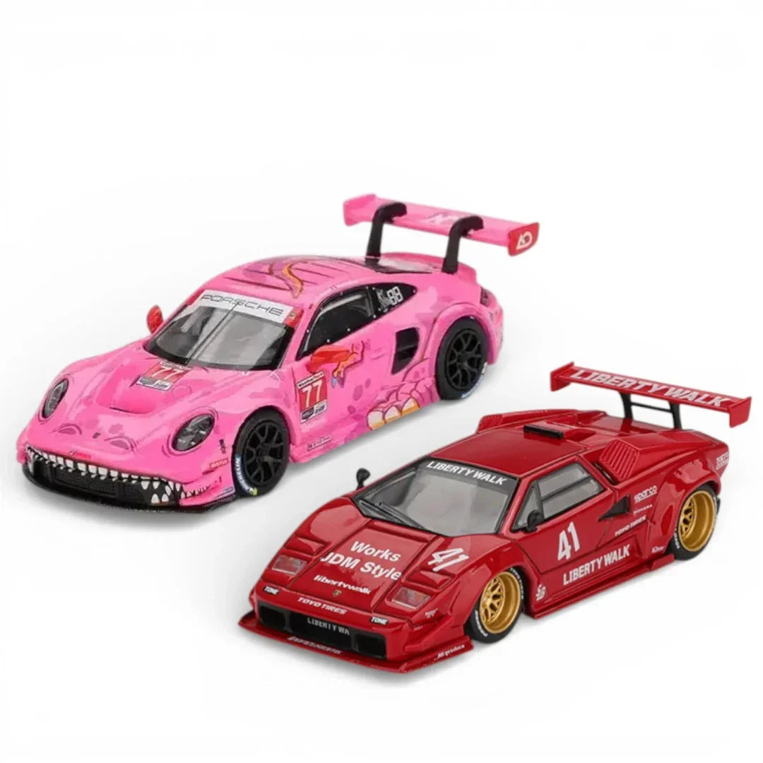 Mini GT 1:64 Racing Duo Diecast Set – Roxy Porsche 911 GT3 R #77 IMSA + LB-Works Lamborghini Countach Red Collectibles