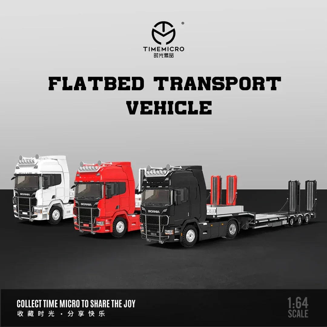 Time Micro 1:64 Scania Flatbed Transport Vehicle Diecast Model | Premium Metal Transporter with Display Base - White