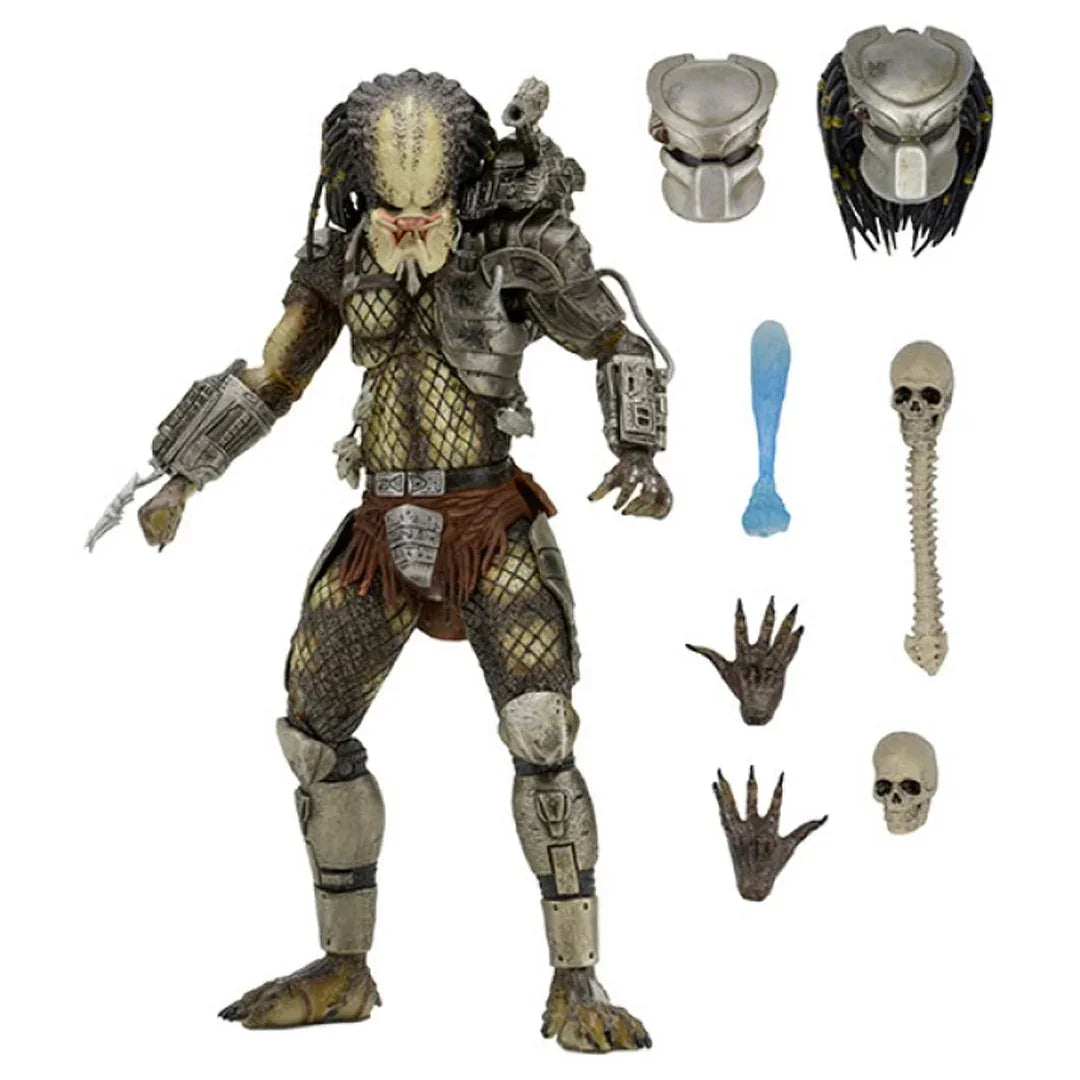 Predator action figure with armor, weapons, interchangeable hands, skull, and spine accessories.