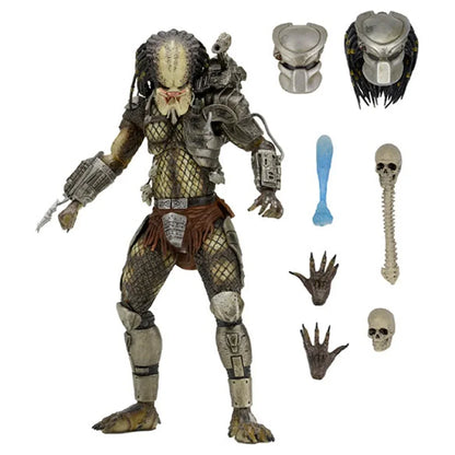 Predator action figure with armor, weapons, interchangeable hands, skull, and spine accessories.