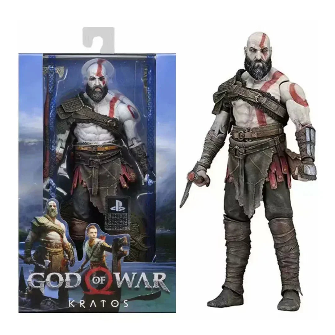 God of War Kratos action figure with battle armor, weapons, and collector's packaging
