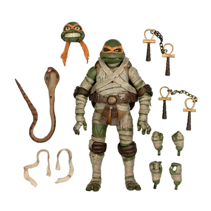 Ninja turtle action figure set with weapons, alternate head, hands, and accessories