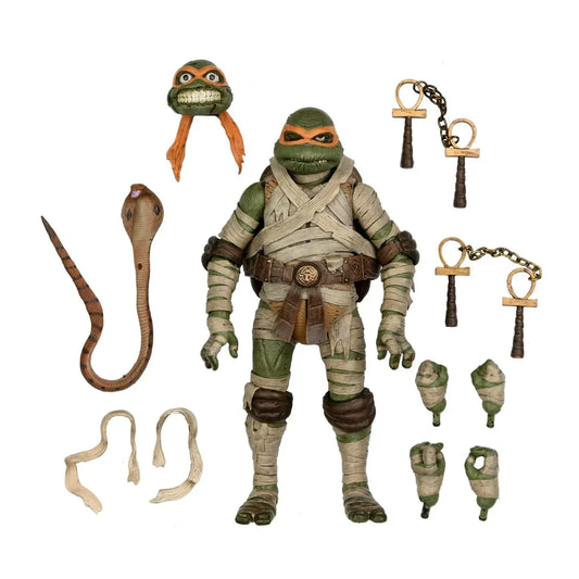 Ninja turtle action figure set with weapons, alternate head, hands, and accessories
