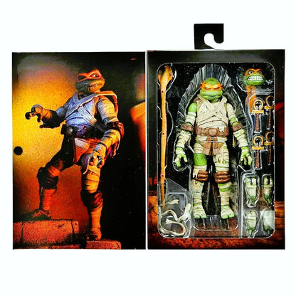 Turtle ninja action figure set with weapons and interchangeable parts in collector packaging