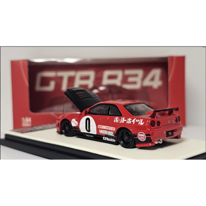 Time Micro Nissan Skyline GT-R R34 Red Livery Figure Edition 1:64 Scale Diecast Model Car | Opening Hood | Collector Display Base | Premium JDM Collectible | 14+