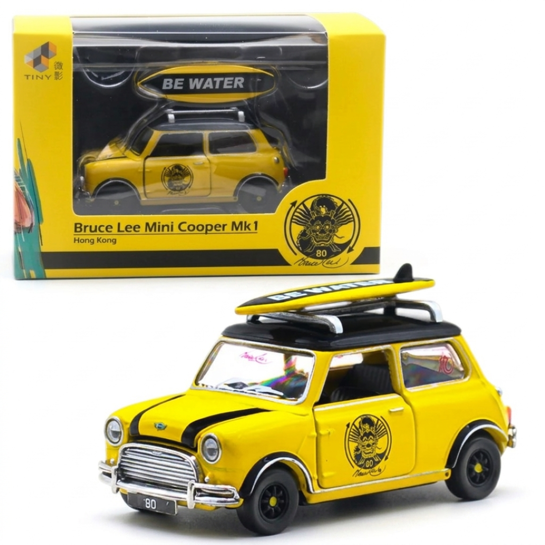 Mini Cooper Mk1 Bruce Lee Edition 1:50 Scale Die-Cast Model Car with Surfboard | Tiny City Collectible Display Vehicle