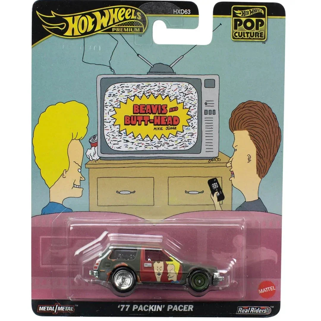 Hot Wheels Premium Pop Culture 1:64 (Blister Pack) 2-Car Combo Set – Aston Martin Vanquish (Die Another Day) + '77 Packin' Pacer (Beavis and Butt-Head) | Metal/Metal Die-Cast with Real Riders