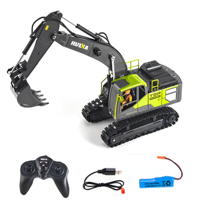 Huina 1661 1:18 Die-Cast Metal RC Excavator | 11-Channel Remote Control Construction Vehicle with LED Lights, Rechargeable Battery & 2.4GHz Radio System