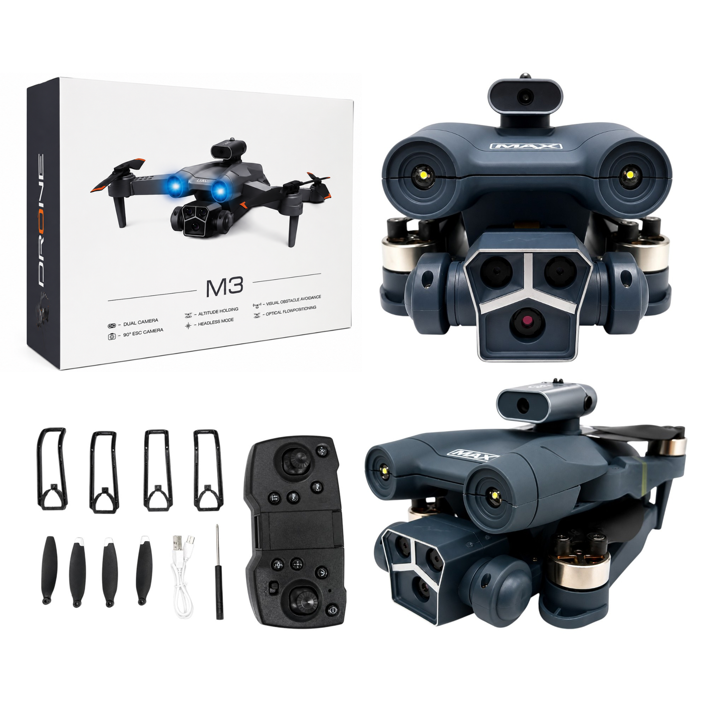 M3 MAX Foldable RC Drone with Dual Camera, 90° ESC Adjustable Camera, Optical Flow Positioning, Visual Obstacle Avoidance & Altitude Hold | Remote Control Quadcopter