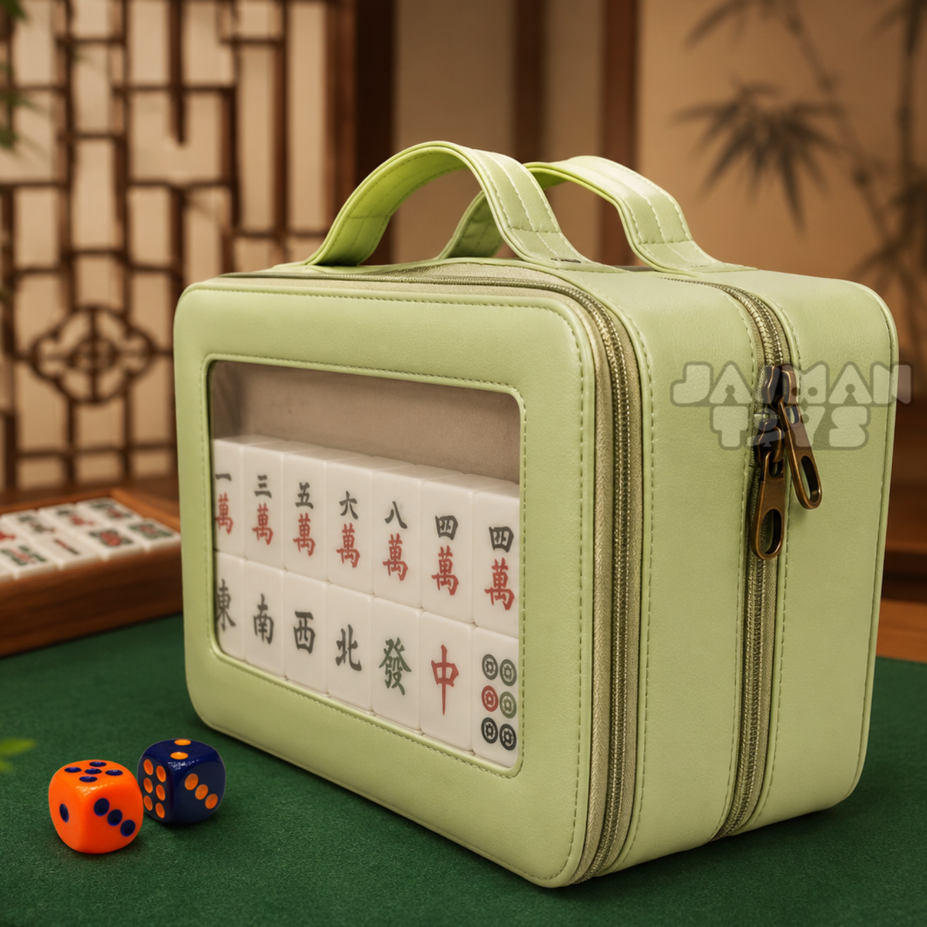 MOJO Compact Mahjong Set with Carry Case, 144 Tiles, Racks, Mat & Dice- 35mm Tiles