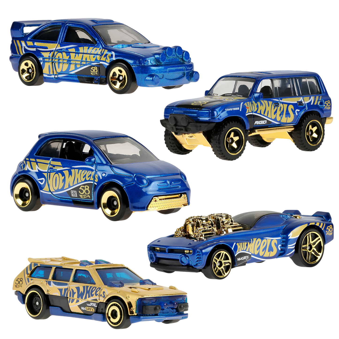 Hot Wheels Pearl & Chrome Collection Pack of 5 Die-Cast Model Cars | Fiat 500e, Ford Escort, Track Dwagon, Toyota Land Cruiser 80 & Rodger Dodger 2.0 | 1:64 Scale Collectible Set