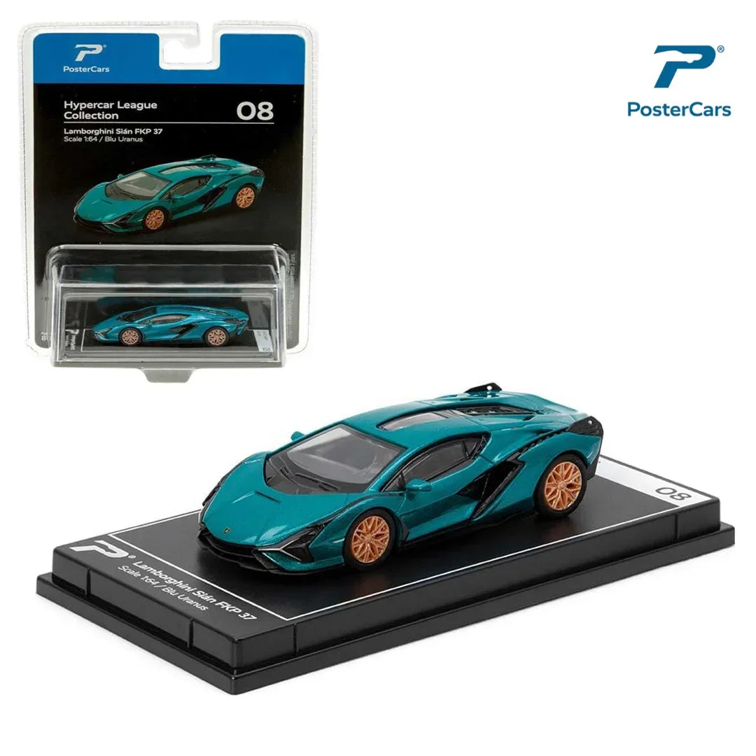 PosterCars 1:64 Lamborghini Sián FKP 37 – Blu Uranus - Blister Pack | Hypercar League Collection No.8 Diecast Model - Jaiman Toys