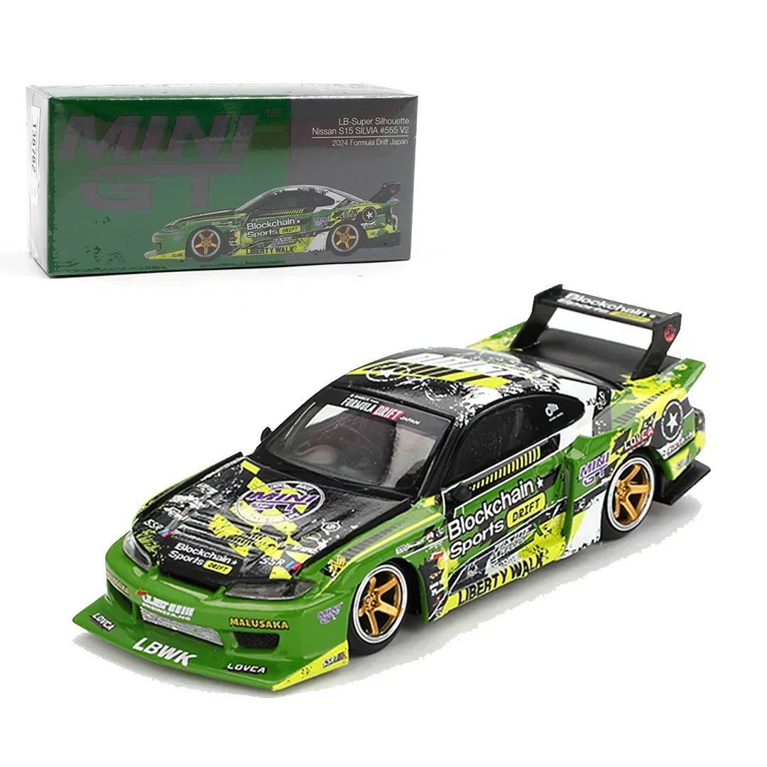 Mini GT 1:64 Roxy Porsche 911 GT3 R #77 AO Racing 2024 IMSA Road America + Nissan LB-Super Silhouette S15 Silvia #555 V2 2024 Formula Drift Japan RHD – Diecast Scale Model Car Duo Set