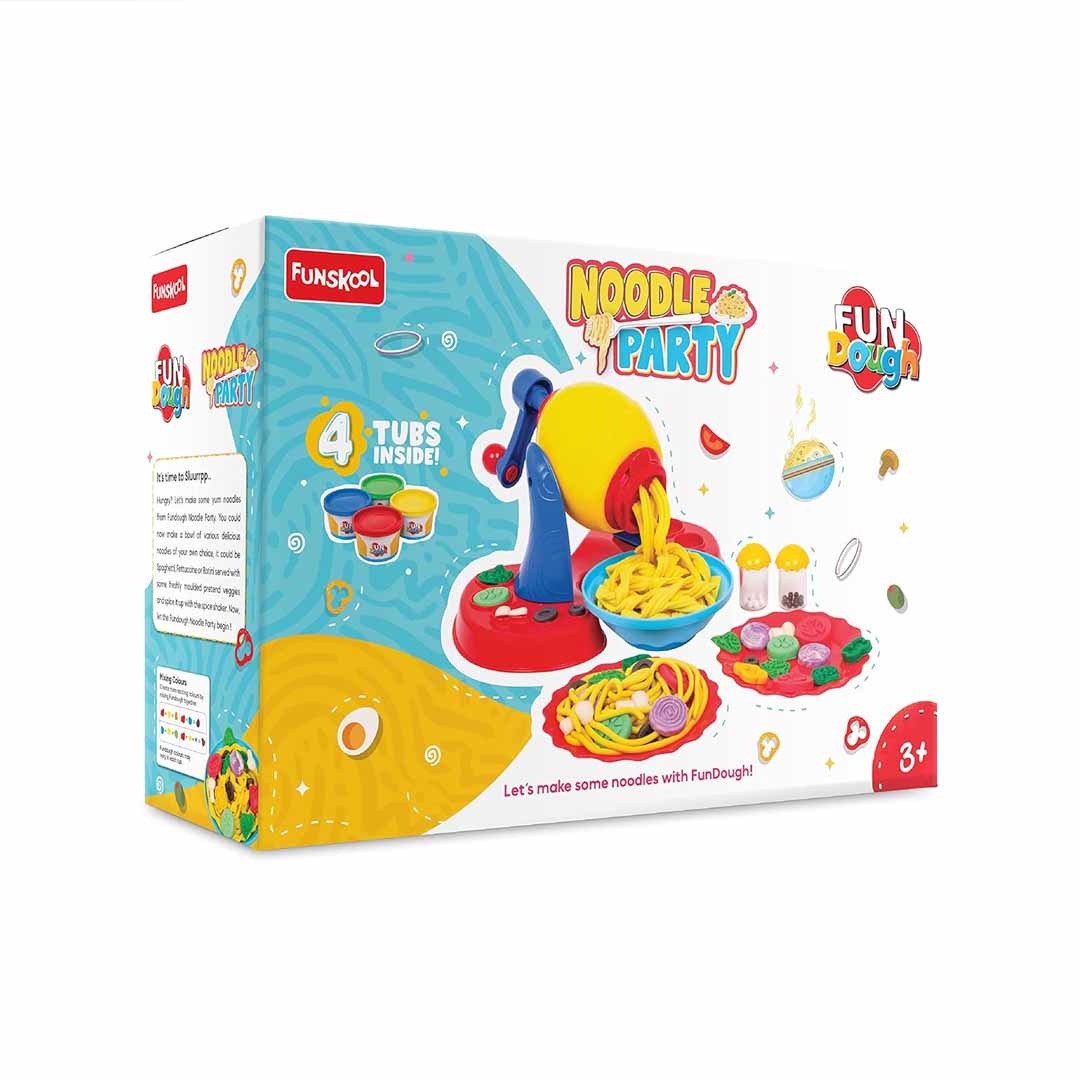 Funskool FunDough Noodle Party Playset | Dough Noodle Maker with 4 Dough Tubs & Accessories | Creative Pretend Food Play for Kids 3+