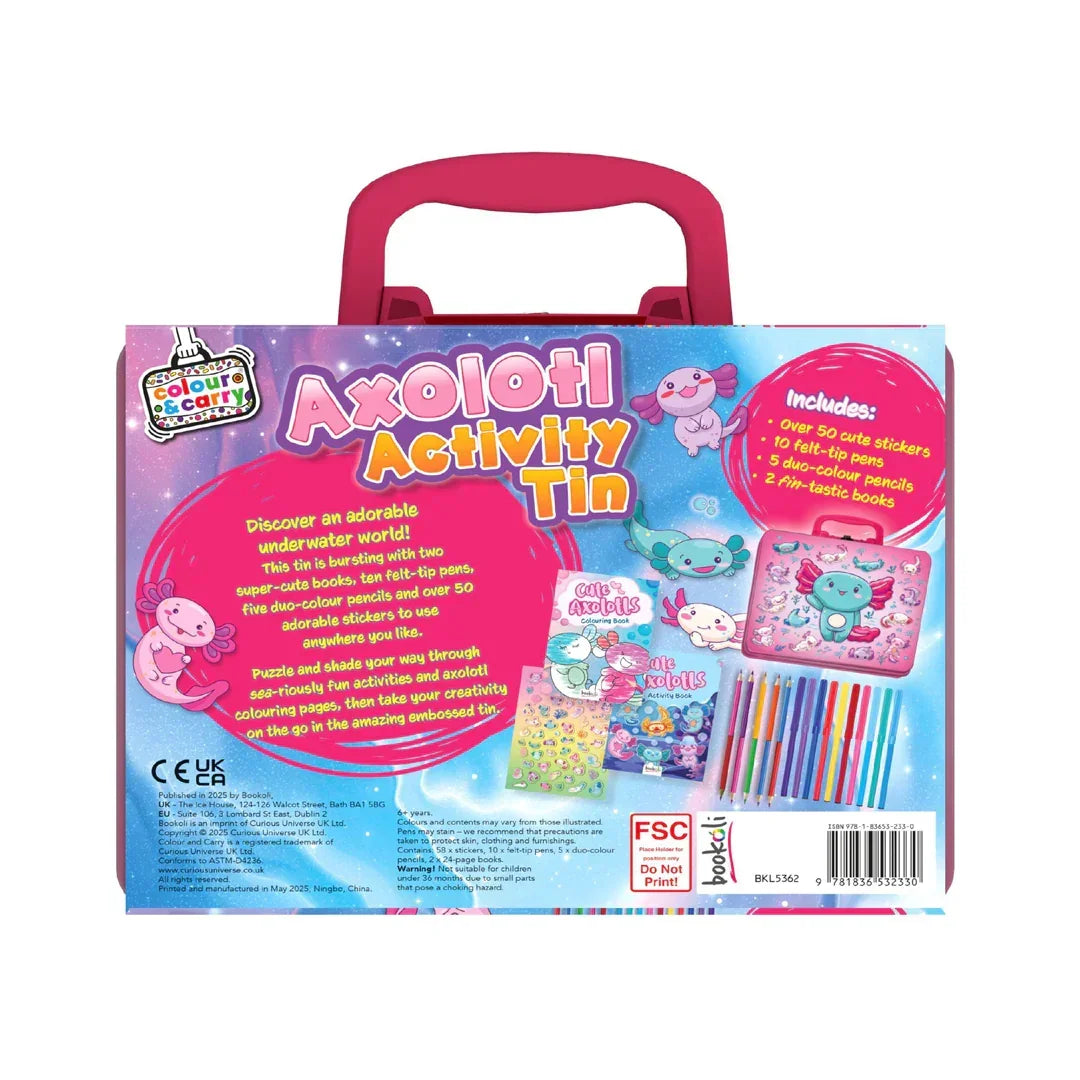 Colour & Carry Axolotl Activity Tin – Kids Colouring, Stickers & Creative Fun Set