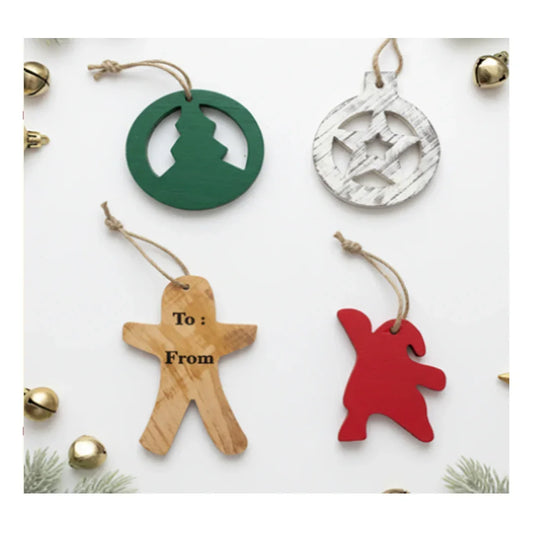 SWEN HERMES Handcrafted Wooden Christmas Ornaments – Rustic Festive Décor Set of 4 (Tree, Star, Candyman & Santa) | Natural Wooden Hanging Decorations