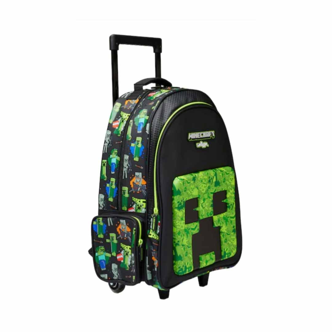 Smiggle Minecraft Creeper 18-Inch Trolley Backpack for Kids – Wheeled School Bag with Extendable Handle