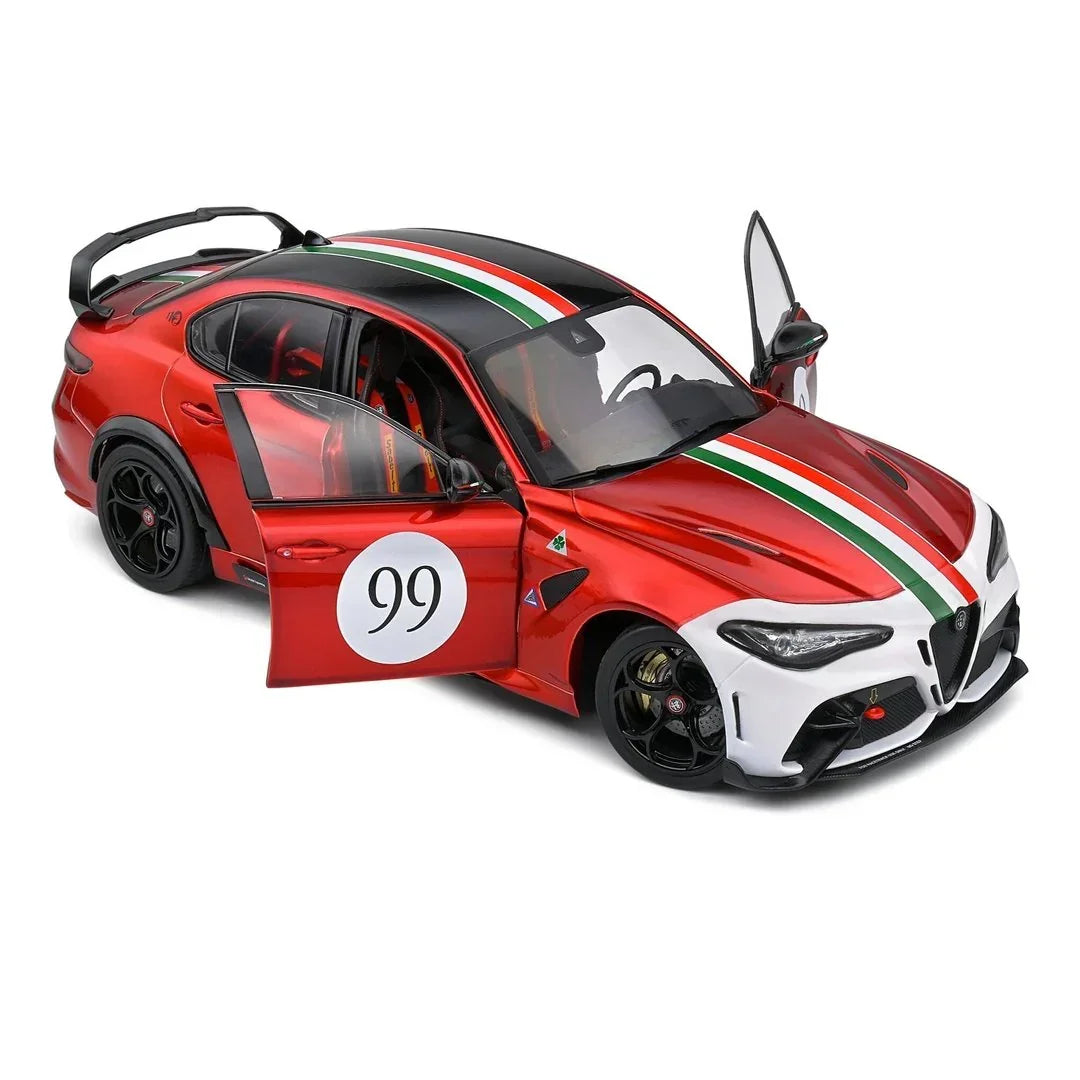 Red diecast model racing car with number 99, Italian flag stripes, open doors, collectible toy